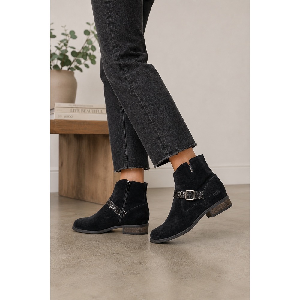 UGG Milner Ankle Boots Women's 8 Black Suede Wedge Moto Buckle‎ Side Zip Western